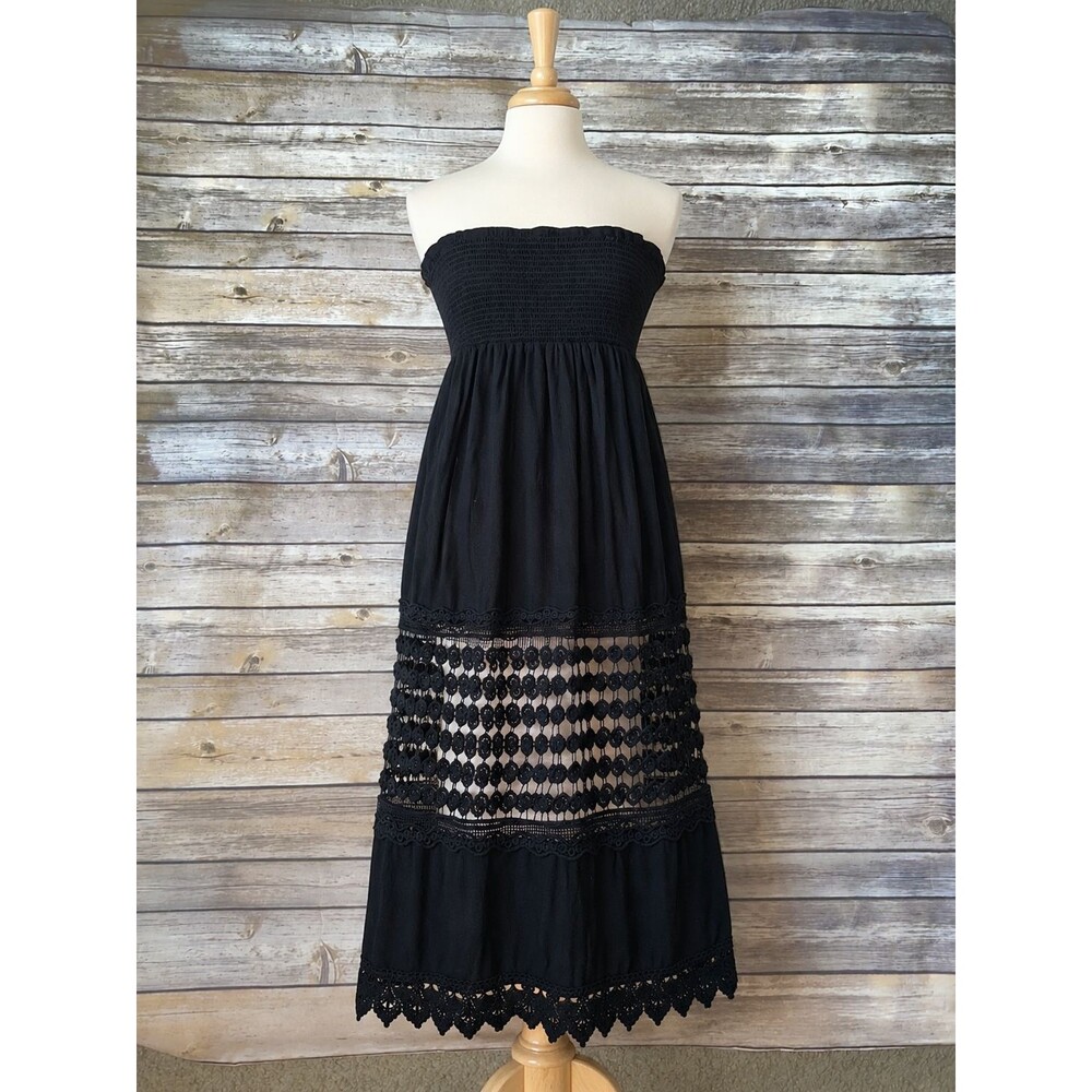 Women’s FadedRose Black Strapless  Boho Smocked Crochet Lace Maxi Dress Size S